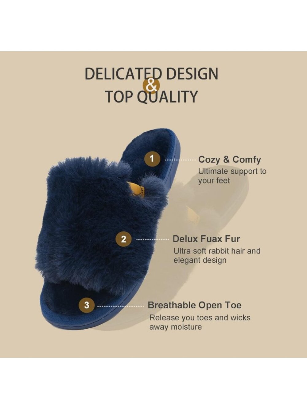 Womens Navy Blue Indoor Memory Foam Soft Faux Fur Nonslip Open Toe Slipper Shoes - Picture 4 of 7